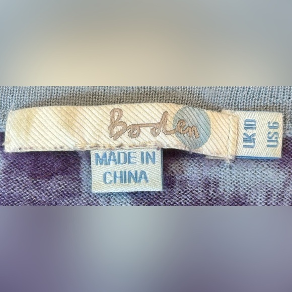 Boden 100% Wool Button-Up Cardigan in Purple & Blue Swirls w/ Suede Placket, 6 - Picture 13 of 16